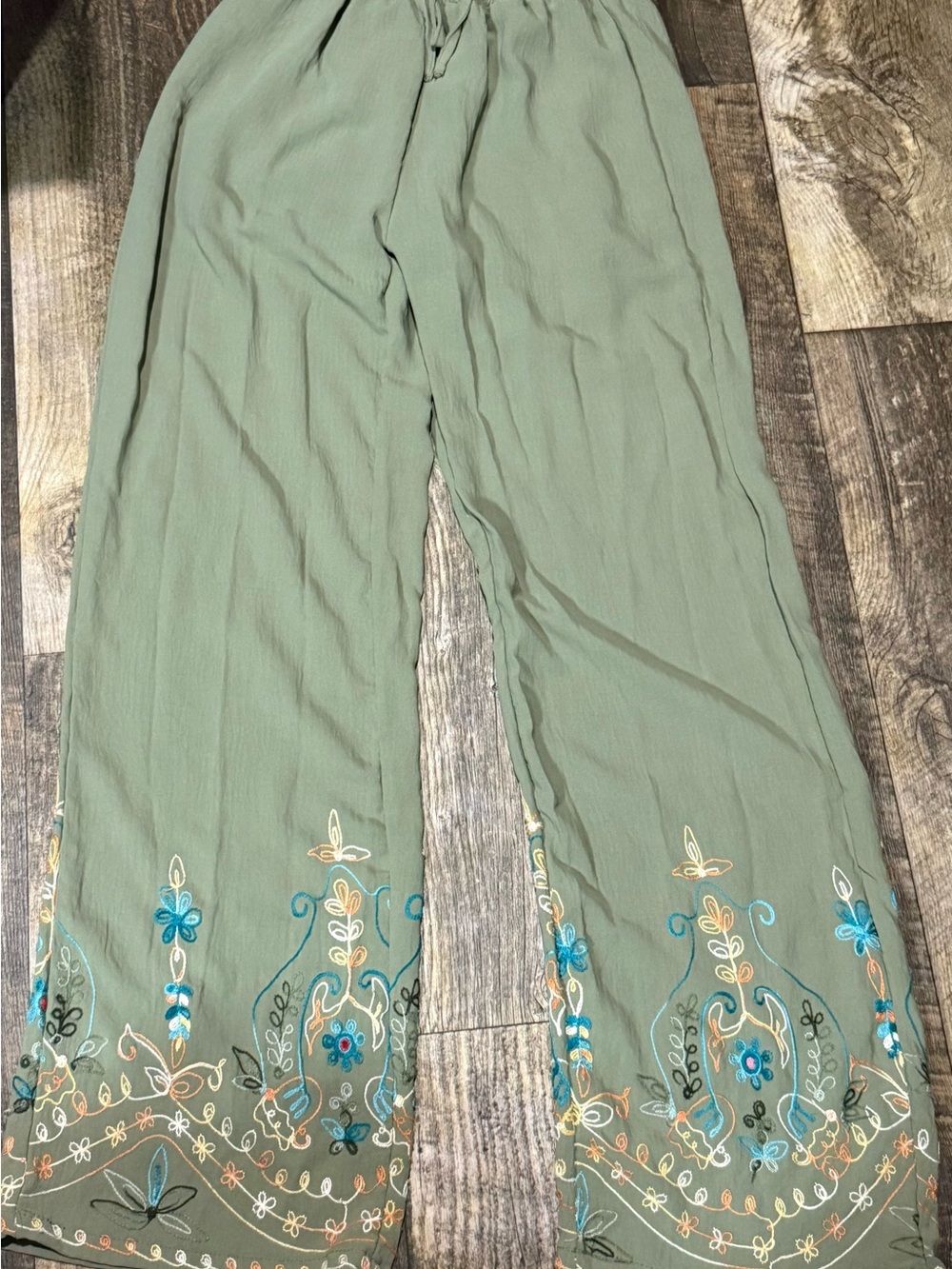 Embroidered Sage Wide-Leg Boho Pants with Drawstring Waist